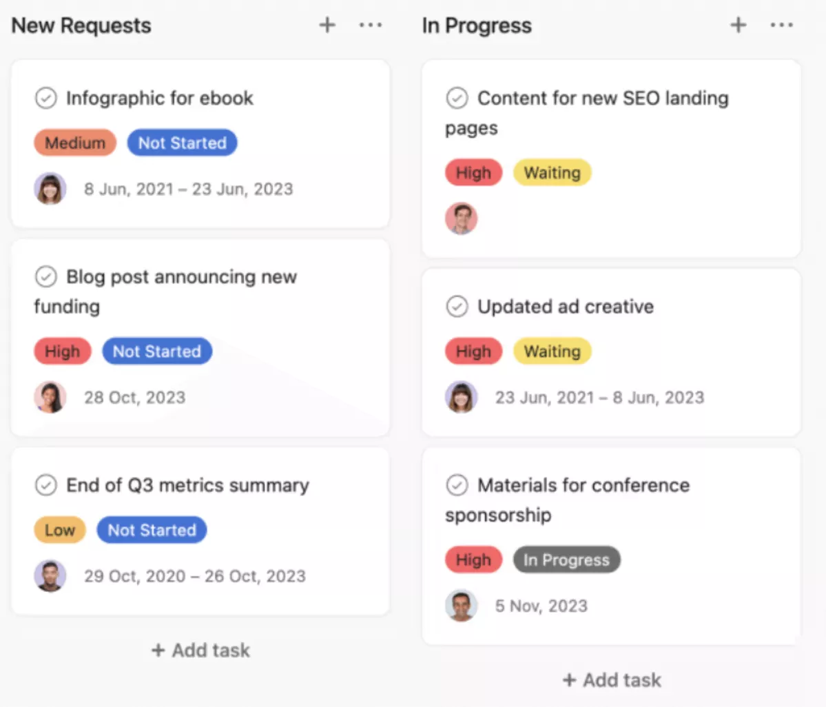 A screenshot of a project management software displaying a Kanban board with tasks organized into "New Requests" and "In Progress" columns, showing priorities, statuses, and deadlines, designed for architecture project management software.