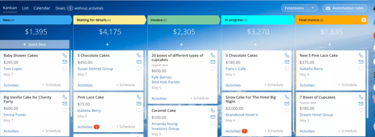 A screenshot of a project management software displaying a Kanban board with columns for different deal stages, including new, waiting for details, invoice, and in progress, tailored for architecture project management software.
