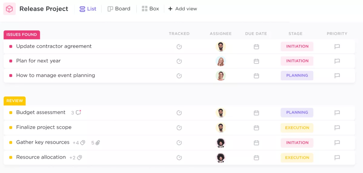 A screenshot of a project management software showing a list view of tasks for a release project, categorized by issues and review stages, with assignees, due dates, and progress, tailored for architecture project management software.