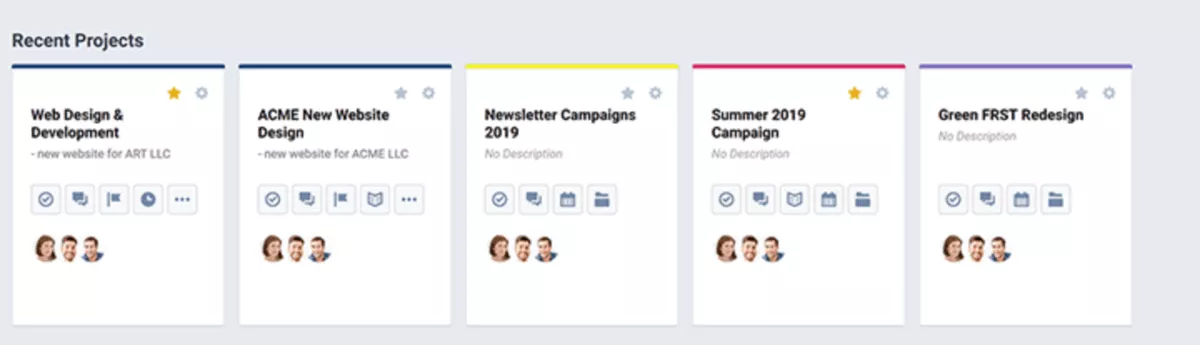A screenshot of a project management software displaying recent projects as individual cards with titles, team members, and quick action icons, optimized for architecture project management software.
