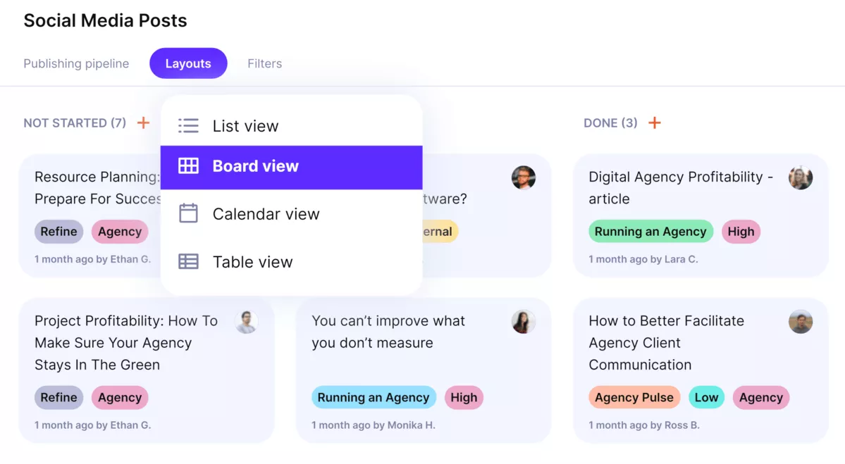 A screenshot of a project management software showing a board view layout for organizing social media posts into "Not Started" and "Done" columns, designed for architecture project management software.